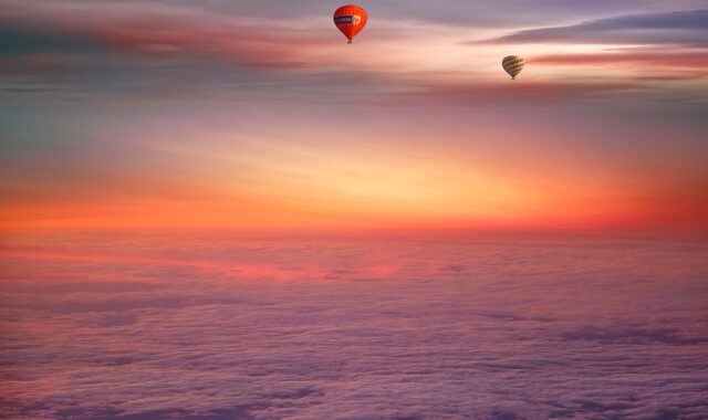 hot air balloons, nature, clouds, sunset, fantasy