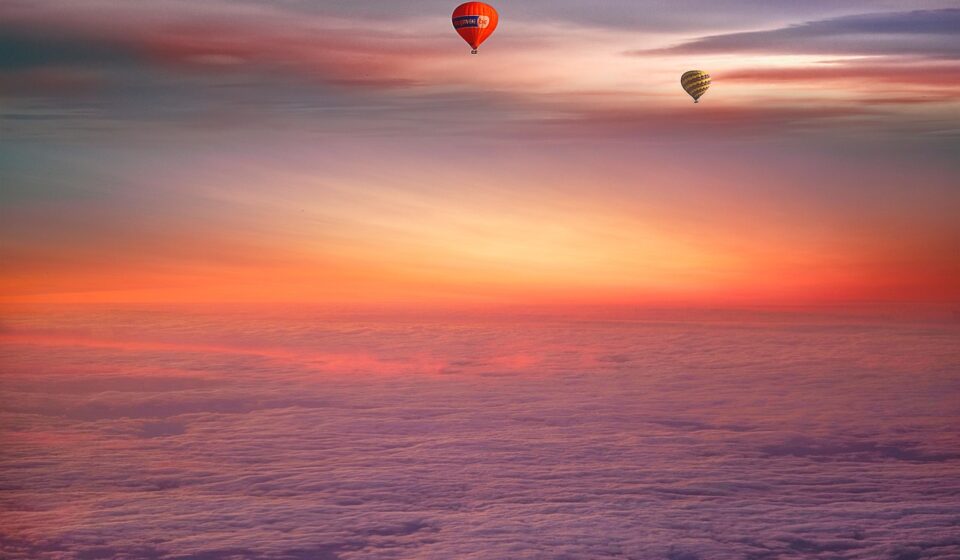 hot air balloons, nature, clouds, sunset, fantasy