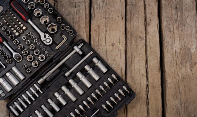 tools, tool kit, tool box, box, assembly, repair, to rattle, ratchet wrench, bit heads, screws, wrench, wood background, wooden floor, board, table, top view, detail, stock, tools, tools, tools, tools, tools, tool box, tool box
