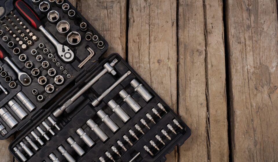 tools, tool kit, tool box, box, assembly, repair, to rattle, ratchet wrench, bit heads, screws, wrench, wood background, wooden floor, board, table, top view, detail, stock, tools, tools, tools, tools, tools, tool box, tool box