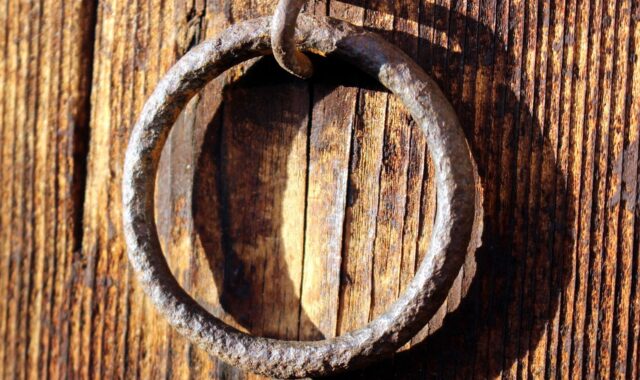 metal ring, fitting, wooden door, old, rust, old wooden door, weathered, corrosion, brown, peel off, disintegration, boards, metal fitting