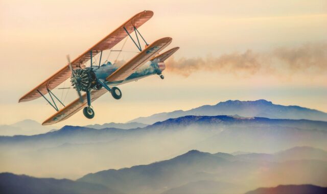 double decker, plane, mountains, fog, heaven, clouds, planes, antique car, flying, propeller, small planes, light aircraft, landscape, nature, summit, top