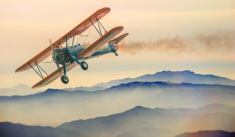 double decker, plane, mountains, fog, heaven, clouds, planes, antique car, flying, propeller, small planes, light aircraft, landscape, nature, summit, top