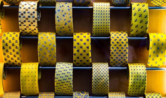 tie, necktie, cravat, fashion, male, elegance, clothing, accessory, yellow, vitrine, shop, store