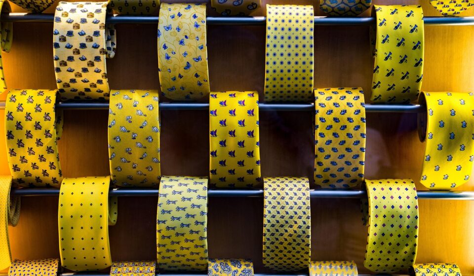 tie, necktie, cravat, fashion, male, elegance, clothing, accessory, yellow, vitrine, shop, store