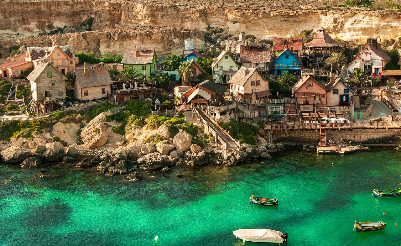 popeye village, malta, architecture, travel, tourism, scenery, village, color, landscape, holiday, sea, adventure, anchor bay, summer, nature, hill