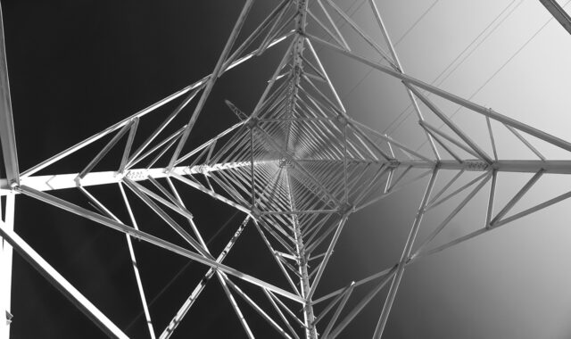 power pole, perspective, high voltage, high voltage pylon, electricity, power line, power supply, technology, electrics, building, black-and-white