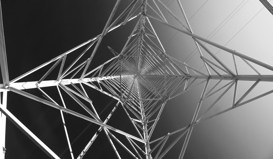 power pole, perspective, high voltage, high voltage pylon, electricity, power line, power supply, technology, electrics, building, black-and-white