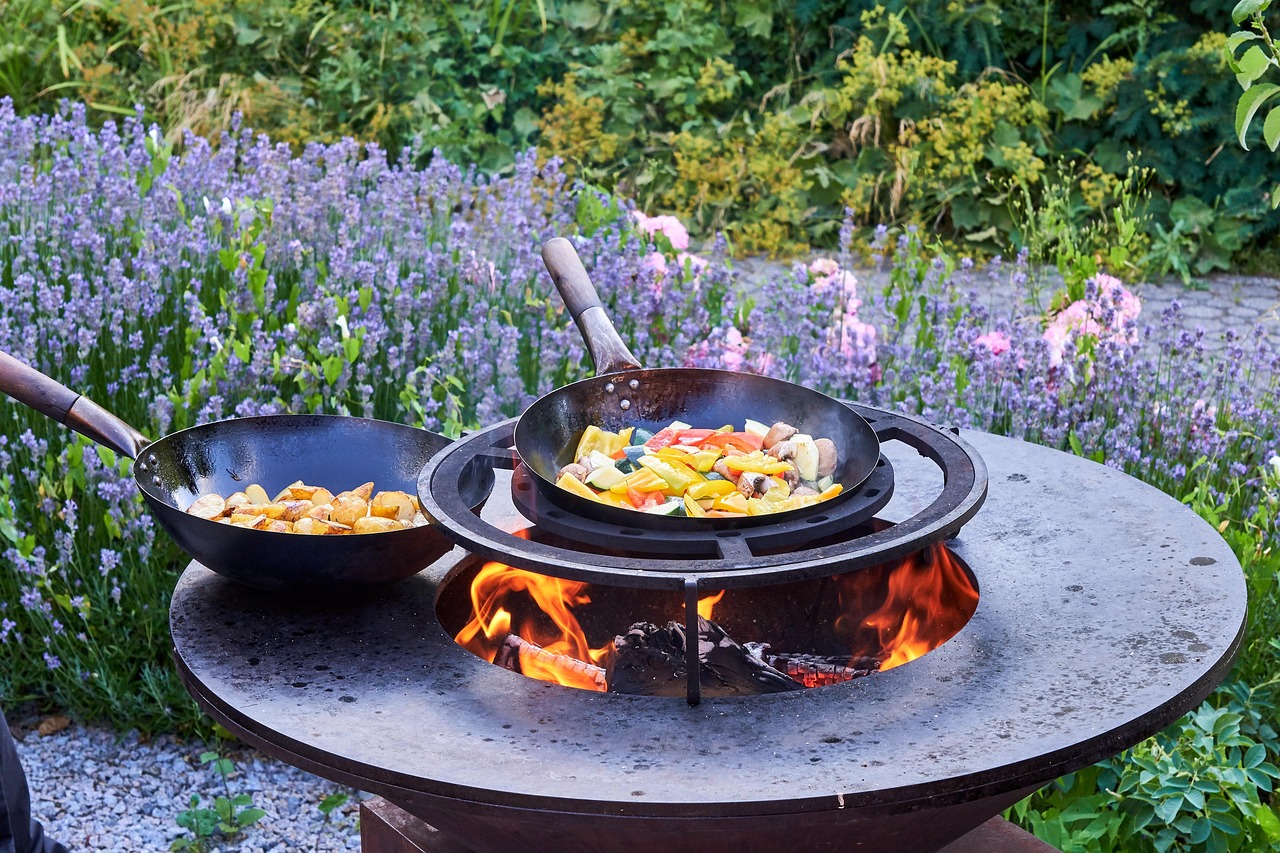 wok, pan, potatoes, grill, fire, fireplace, fire bowl, meal, yummy, bbq, food, vegetables, nourishment, wok dish, vegetable pan, hot, barbecue, wok, wok, wok, wok, wok