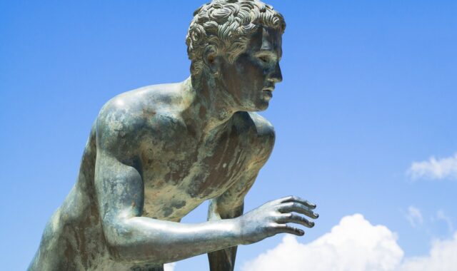 runner, sculpture, statue, nature, achilleion, corfu, greece, greek, monument, landmark, marathon, memorial, heroic, metal, sky, freedom, veteran, blue memory, blue metal