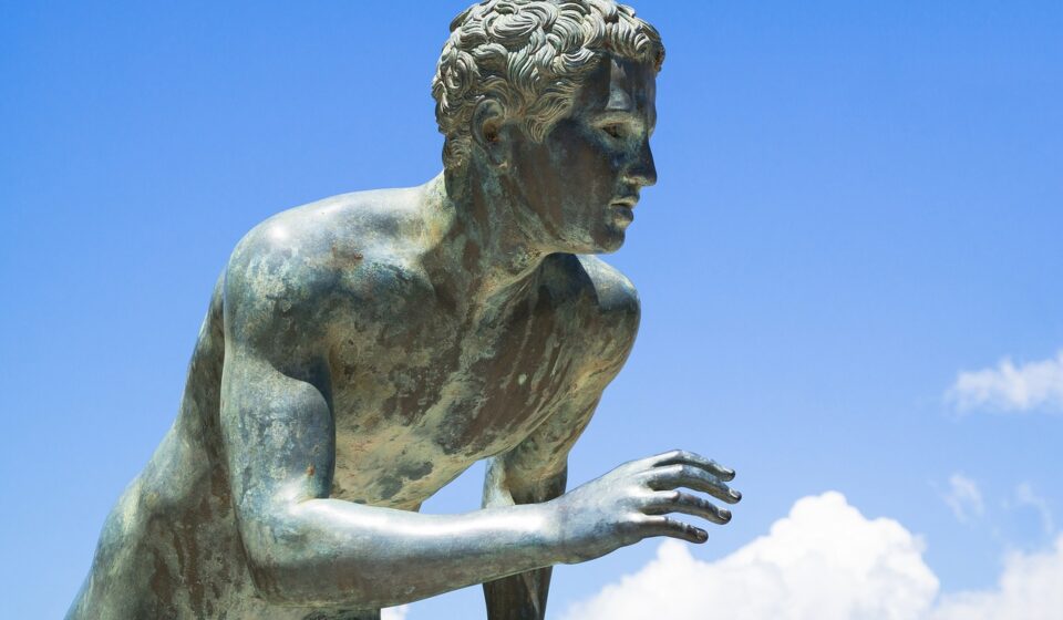 runner, sculpture, statue, nature, achilleion, corfu, greece, greek, monument, landmark, marathon, memorial, heroic, metal, sky, freedom, veteran, blue memory, blue metal