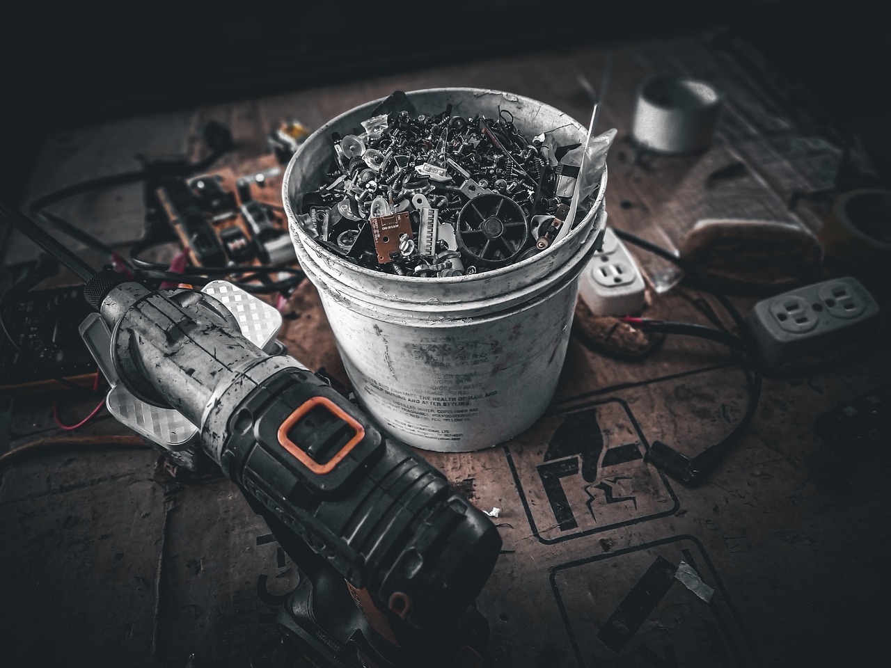 tools, bucket, plug, socket, nails, screw, metal, workshop