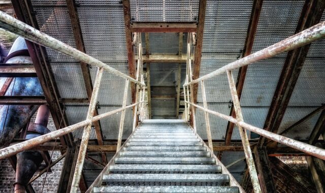 stairs, metal, iron, up, down, high, stages, railing, steep, finish, rise, architecture, grid, lost places, pforphoto, old, metal grille
