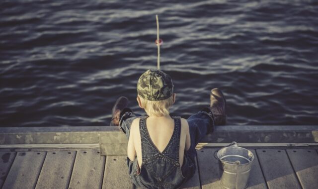 boy, child, fishing, fishing rod, bucket, fisherman, kid, young, small, childhood, summer, adventure, outdoors, lake, water, overalls, nature, back view