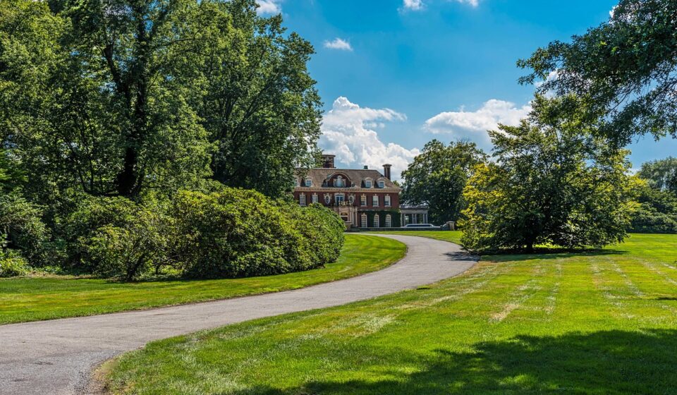 mansion, long driveway, estate, nature, trees, blue sky, summer, green sky