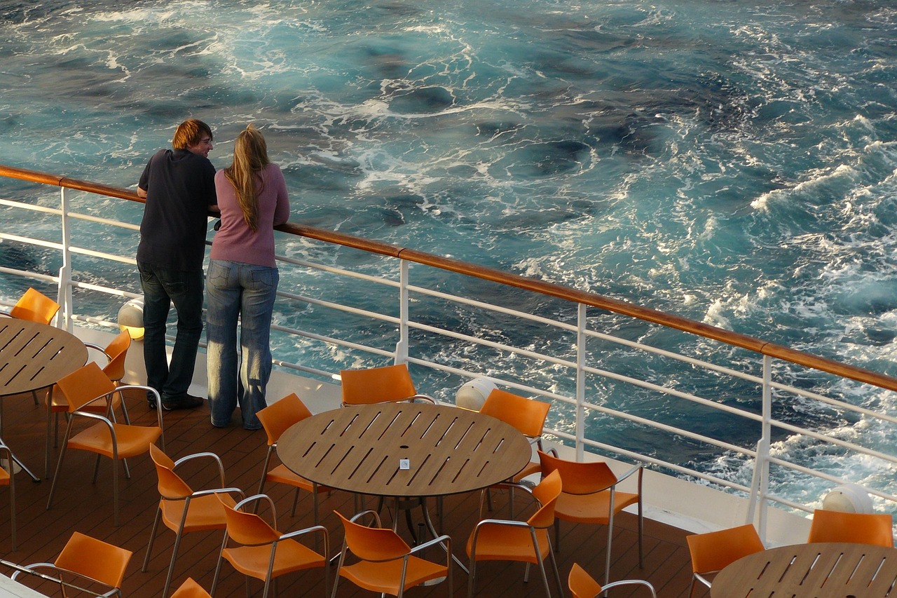 few, people, cruise, ship, cruise ship, deck, railing, vacations, recreation, togetherness, travel, sea, waves, nature, tables, chairs, vacation